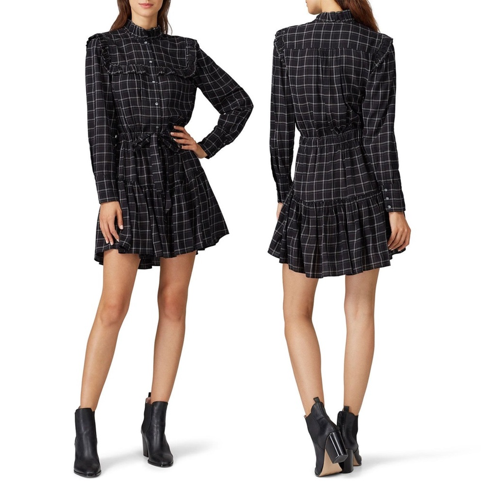 Rebecca Taylor La Vie Drapey Plaid Long Sleeve Belted Ruffle Dress - Black Combo - Picture 13 of 16